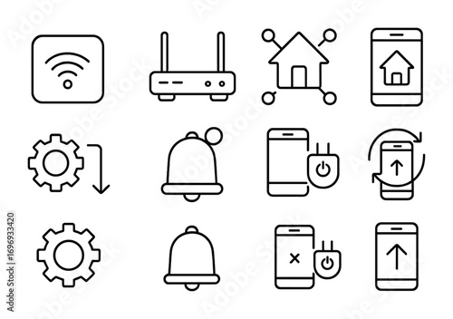 Smart Home Icon Set. Outline icon set of Smart home hubs: central hub, Wi-Fi router, connected devices, app