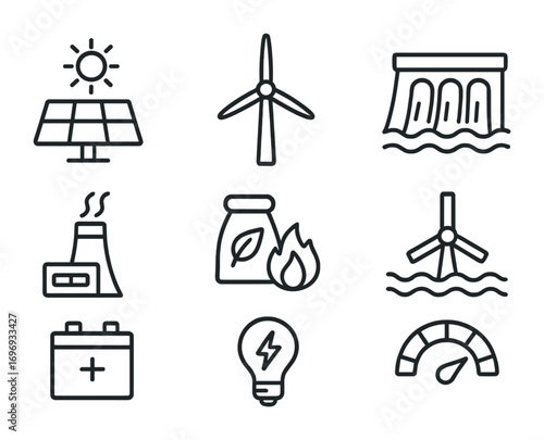 Clean Energy Icons. Outline icon set of Clean energy: solar panel, wind turbine, hydroelectric dam, geothermal