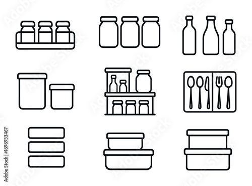 Kitchen Storage Icons. Outline icon set of Kitchen storage: spice rack, jars, bottles, containers, pantry