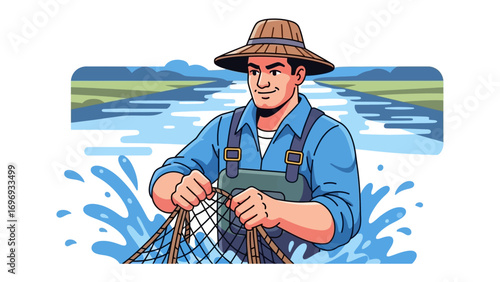Fisherman at Work: A fisherman stands in the water, meticulously tending his net, ready for a bountiful catch in a serene setting, embodying the tranquility of traditional fishing.
