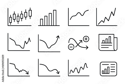 Stock Market Icon Set. Outline icon set of Stock market fluctuations: candlestick chart, volume bars, moving