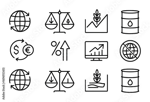 Global Economic Icons. Outline icon set of Global economic factors: import-export, trade balance, commodity