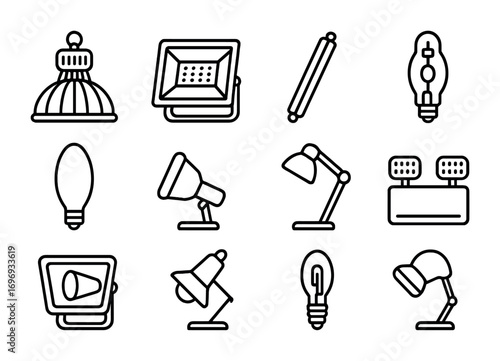 Industrial Lighting Icons. Outline icon set of Industrial lighting types: LED high bay, halogen floodlight,