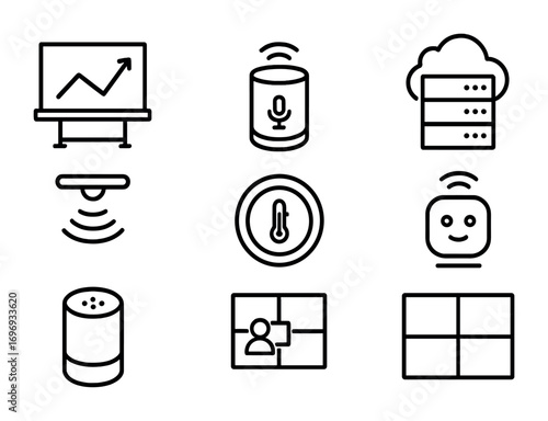 Office Tech Icons. Outline icon set of Office technology innovations: smart board, AI assistant, automated