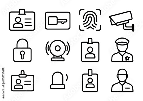 Office Security Icons. Outline icon set of Office security and access: ID card, keycard, fingerprint scanner,