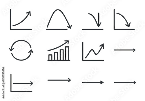 Business Cycle Icons Grid. Outline icon set of Business cycles: expansion, peak, contraction, trough, recovery