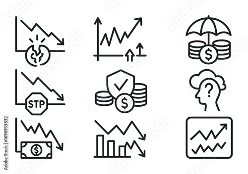 Risk & Volatility Icons. Outline icon set of Risk and volatility: market crash, price volatility, hedging,
