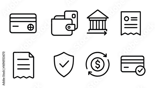 Payment Icons Grid. Outline icon set of Payment and transactions: credit card, digital wallet, bank transfer,