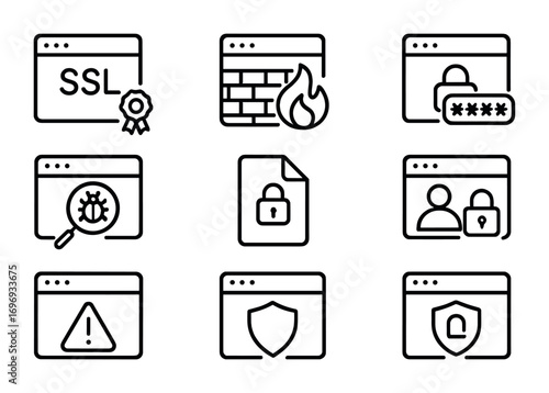 Website Security Icons. Outline icon set of Website security: SSL certificate, firewall, password lock,