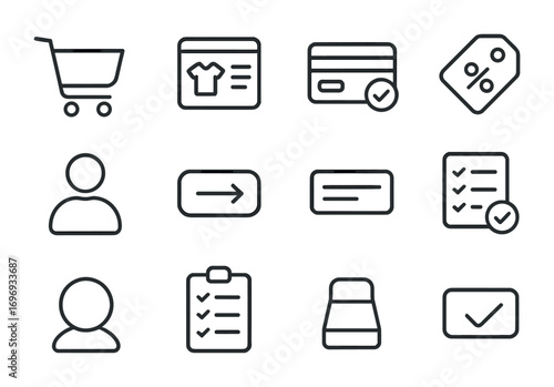 E-commerce Icon Set. Outline icon set of E-commerce platform setup: shopping cart, product page, payment