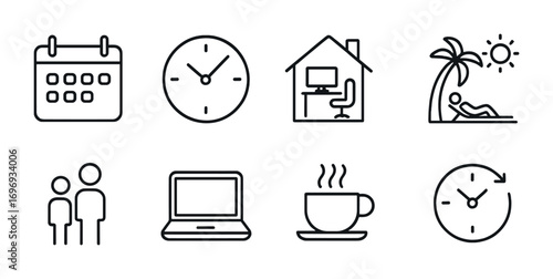 Work-Life Balance Icons. Outline icon set of Work-life balance: calendar, clock, home office, vacation, family