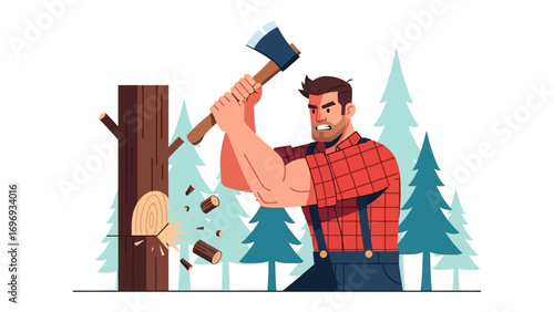 Lumberjack's Labor: A strong lumberjack, wielding a sharp axe, engages in the demanding task of felling a towering tree. This vector illustration depicts the power of human work.