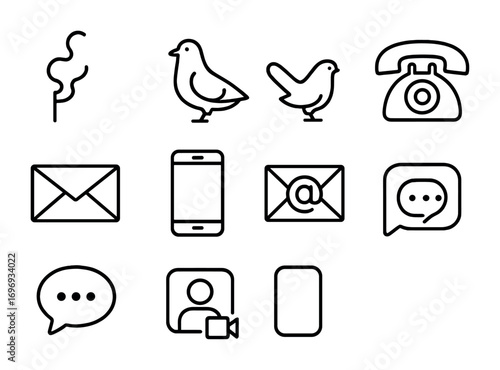 Communication Tools Icons. Outline icon set of Communication tools: smoke signal, messenger pigeon, postal