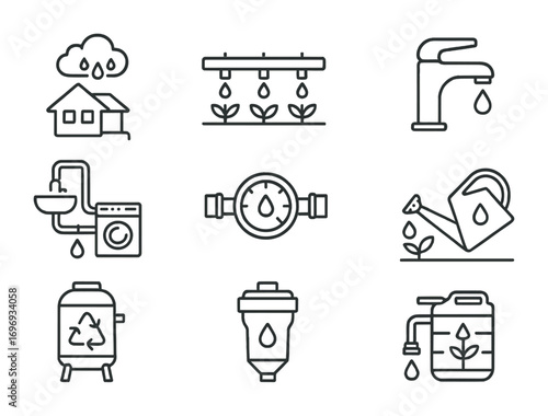 Sustainable Water Icon Set. Outline icon set of Sustainable water use: rainwater collection, drip irrigation,