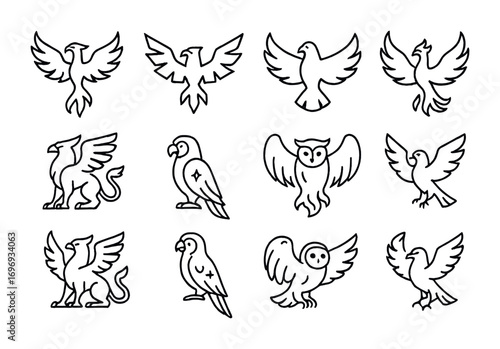 Magical Bird Icons. Outline icon set of Magical birds: phoenix, thunderbird, roc, firebird, griffin, enchanted