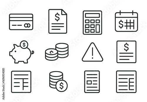 Debt Management Icons. Outline icon set of Debt management: credit card, loan document, calculator, payment