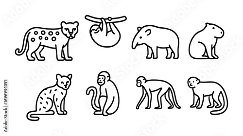 Rainforest Mammal Icons. Outline icon set of Rainforest mammals: jaguar, sloth, tapir, capybara, ocelot,