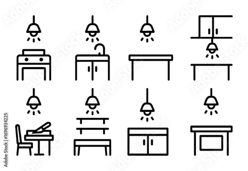 Kitchen Lighting Icons. Outline icon set of Kitchen zones lighting: stove area, sink area, countertop, prep