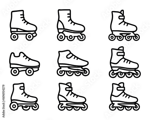 Roller Skate Icons. Outline icon set of Roller skate styles: quad skate, inline skate, artistic skate, speed