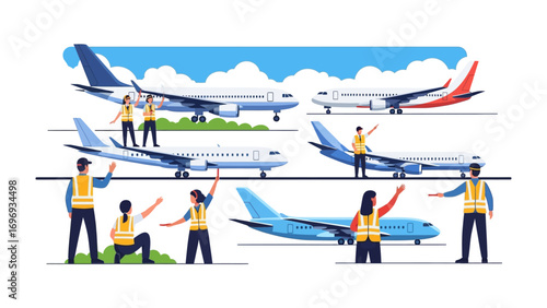 Aviation Team Guiding Planes: A scene of teamwork and precise coordination unfolds as an aviation team guides various planes.
