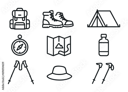Mountain Gear Icons. Outline icon set of Mountain adventure gear: backpack, hiking boots, tent, compass, map,