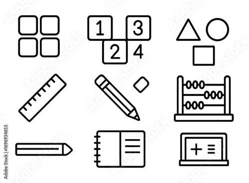 Math Learning Icons. Outline icon set of Math learning for kids: counting blocks, number cards, shapes, abacus