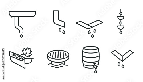 Roof Drainage Icons. Outline icon set of Roof drainage: gutter, downspout, splash block, rain chain, leaf