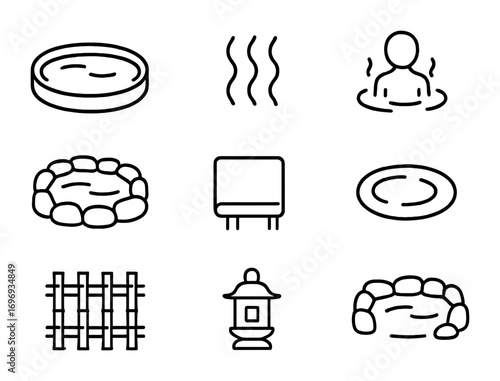 Hot Springs Icon Set. Outline icon set of Hot springs: natural pool, steam waves, bathing person, rocky edge,