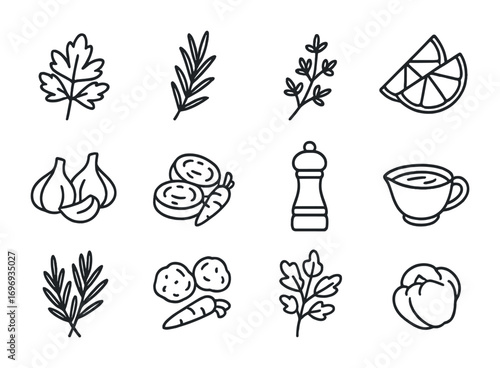 Roast Garnish Icons. Outline icon set of Roast garnishes: parsley, rosemary, thyme, lemon wedges, garlic