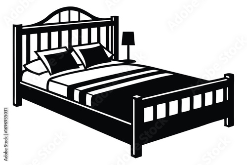 Black and White Illustration of a Bed with Pillows and a Bedside Lamp
