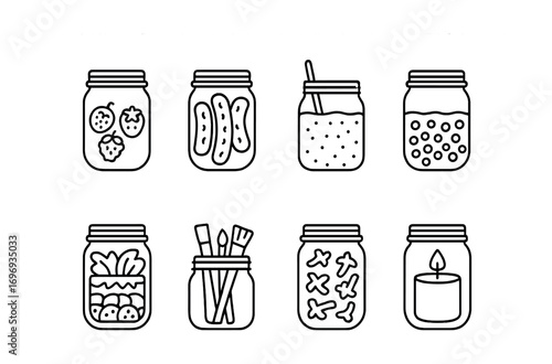Mason Jar Uses. Outline icon set of Mason jar uses: jam jar, pickle jar, smoothie jar, overnight oats, salad