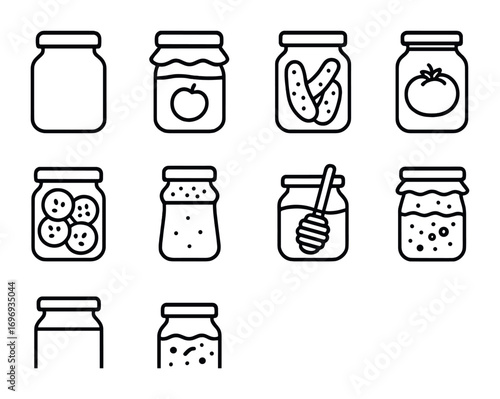 Food Preservation Icons. Outline icon set of Food preservation: sealed jar, jam jar, pickle jar, tomato sauce
