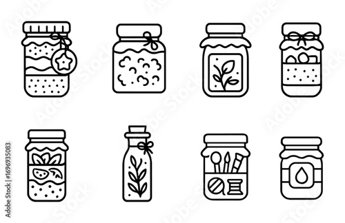 Homemade Gift Jars Icons. Outline icon set of Homemade gifts in jars: cookie mix jar, bath salt jar, jam jar,