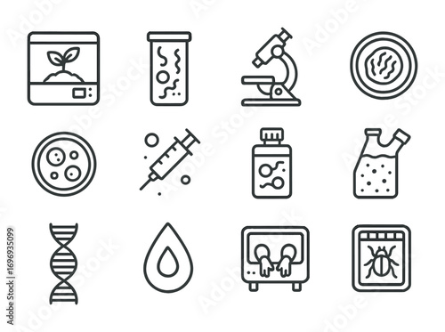Microgravity Biology Icons. Outline icon set of microgravity biology: plant growth chamber, algae container,