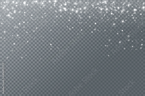 White glitter lights and glowing snow particles falling from the top. Winter sparkle overlay for Christmas, New Year, and festive celebration design. Remove transparent background in vector file.