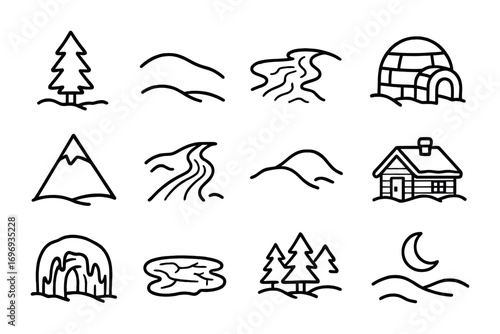 Snowy Landscape Icons. Outline icon set of snowy landscapes: pine tree, snow-covered hill, frozen river, igloo