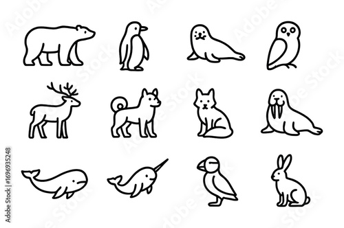 Arctic Animals Icons. Outline icon set of arctic animals: polar bear, penguin, seal, snowy owl, reindeer,