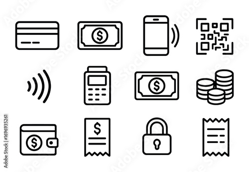 Payment Icons Grid. Outline icon set of payment methods: credit card, cash, smartphone with NFC, QR code,