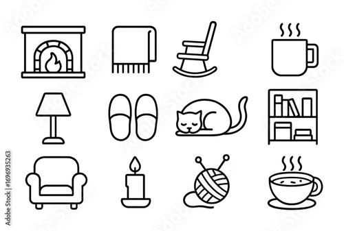 Cozy Winter Icons. Outline icon set of cozy winter: fireplace, blanket, rocking chair, tea mug, lamp, slippers