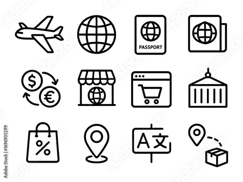 Global Shopping Icons. Outline icon set of global shopping: airplane, world globe, passport, customs box,