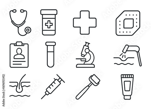 Dermatology Care Icons. Outline icon set of dermatologist care: stethoscope, prescription bottle, medical