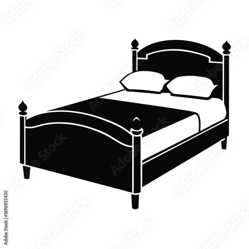 Elegant black silhouette of a bed with pillows and bedding illustration