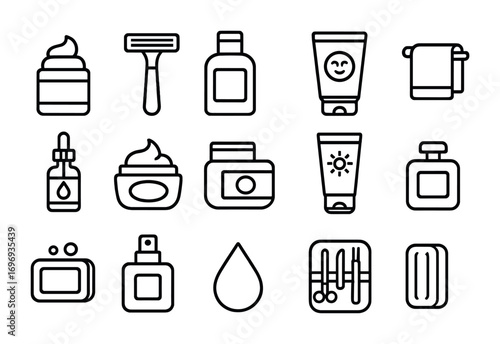 Men's Skincare Icons. Outline icon set of men’s skincare: shaving cream, razor, aftershave bottle, face wash,
