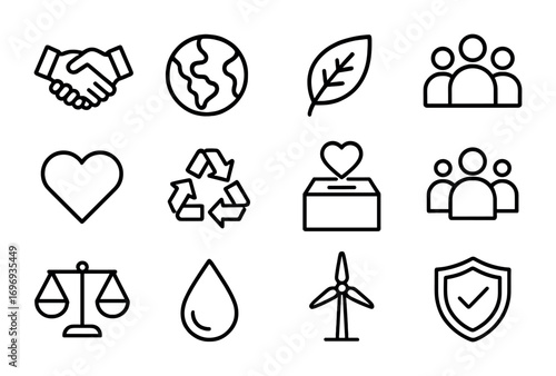 CSR Icons Grid. Outline icon set of corporate social responsibility: handshake, globe, eco leaf, community