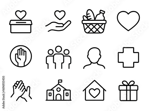 Community Support Icons. Outline icon set of community support: donation box, charity hand, food basket,