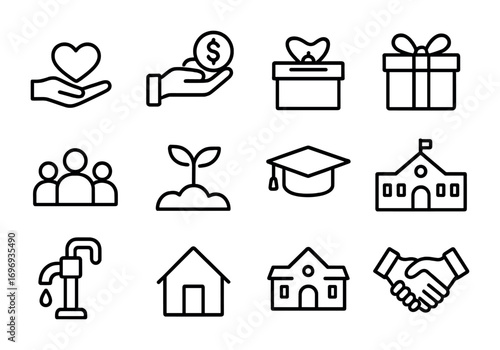 Philanthropy Icon Set. Outline icon set of philanthropy: heart hand, donation coin, charity box, gift ribbon,