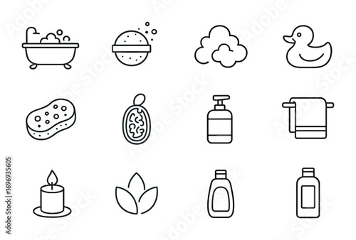 Bath Rituals Icon Set. Outline icon set of bath rituals: bath tub, bath bomb, foam bubbles, rubber duck,