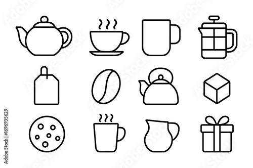 Tea and Coffee Icons. Outline icon set of tea and coffee gifts: teapot, tea cup, coffee mug, french press, tea