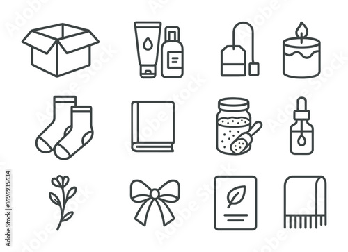Wellness Box Icons. Outline icon set of wellness boxes: open box, skincare products, tea bag, candle, socks,