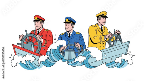 Maritime Trio: Three distinguished sailors, each at the helm of their vessels. Navigating through stormy waters with unwavering determination, symbolize skill and leadership.